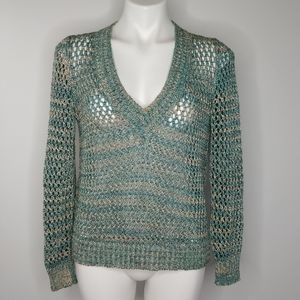 St. John Sport blue and cream knit v-neck sweater